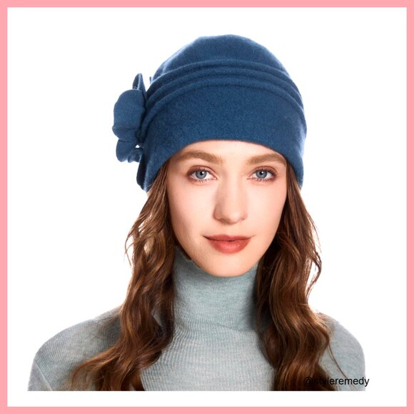 Wool Blend Vintage Cloche Bucket Hat with Stitched Flower Accent Women 1920s 100% Wool Vintage Cloche Bucket Winter Hat with  main image 4
